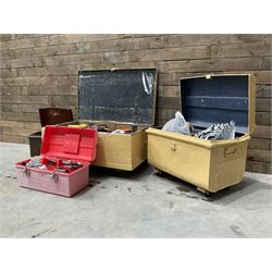 Painted pine tool chest, painted tin trunk, two other boxes compete with tools and contents