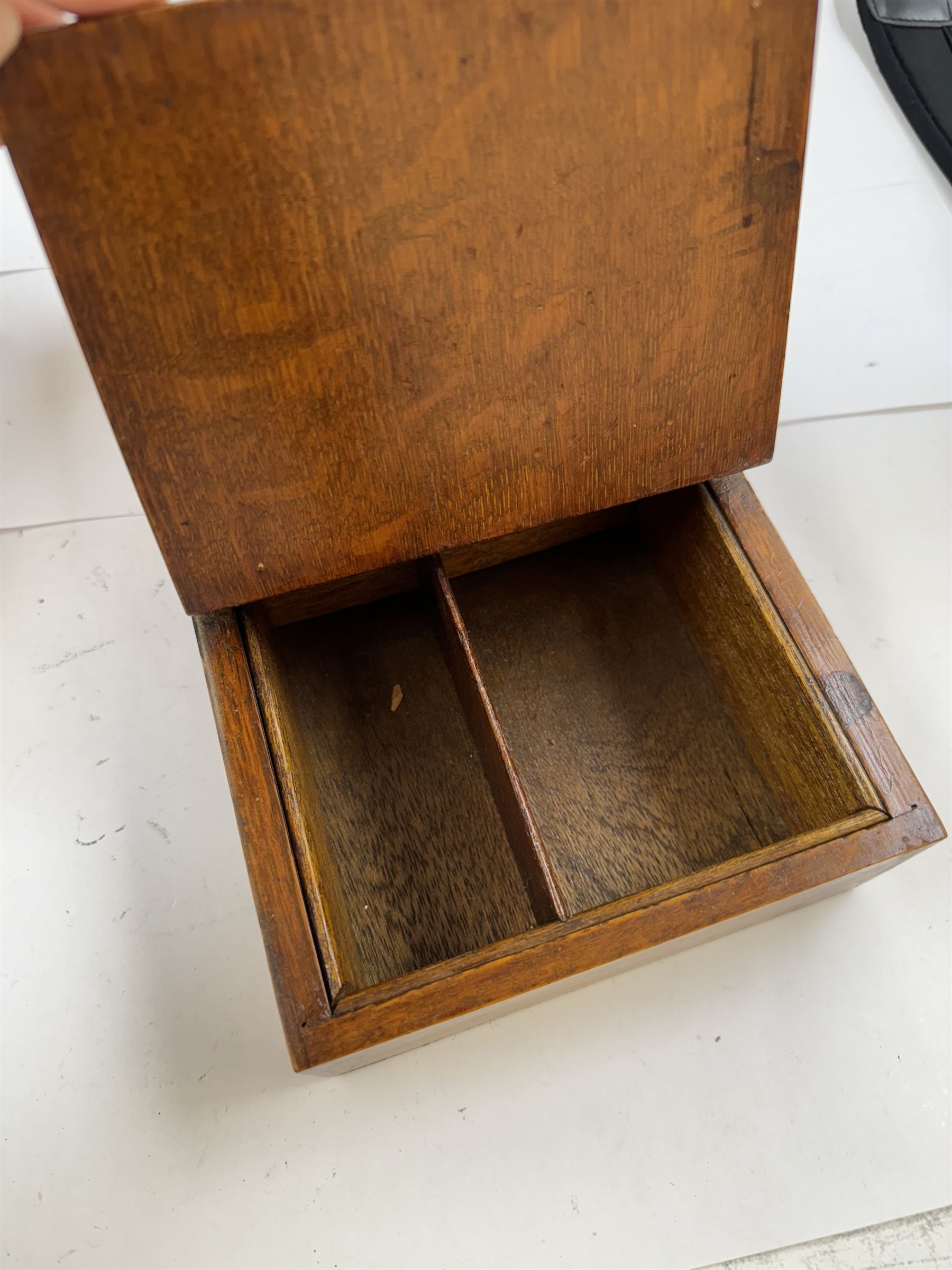 Group of wooden boxes and tins, including oak two compartment cigarette box, money tins, inlaid tea caddy, etc