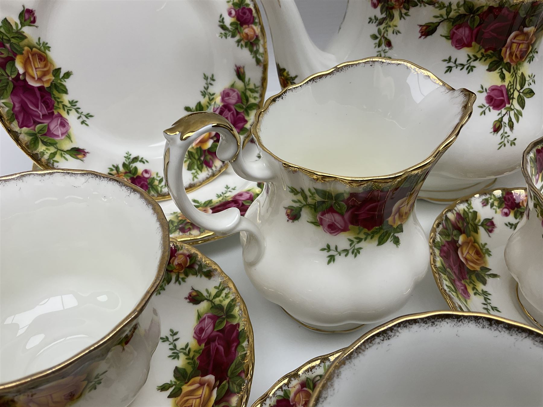 Royal Albert Old Country Roses pattern tea set for six, comprising teapot, milk jug, open sucrier, dessert plates, cups and saucers (21)