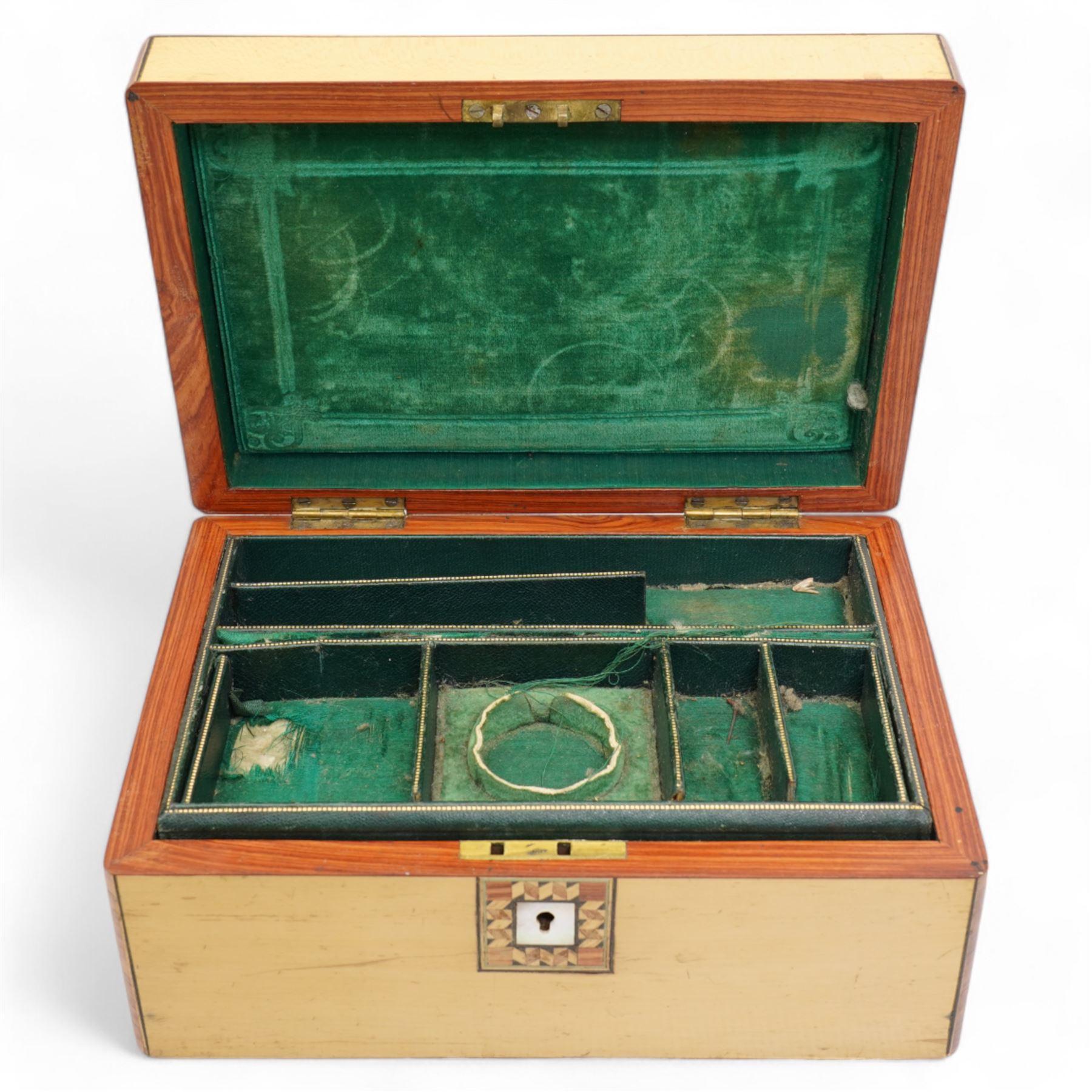 Victorian maple and boxwood strung workbox, with mother of pearl escutcheon and vacant mother of pearl panel, each within checkered borders, the compartmentalised interior with green fabric lining and gilt tooled green leather dividers H11.5cm W25cm 