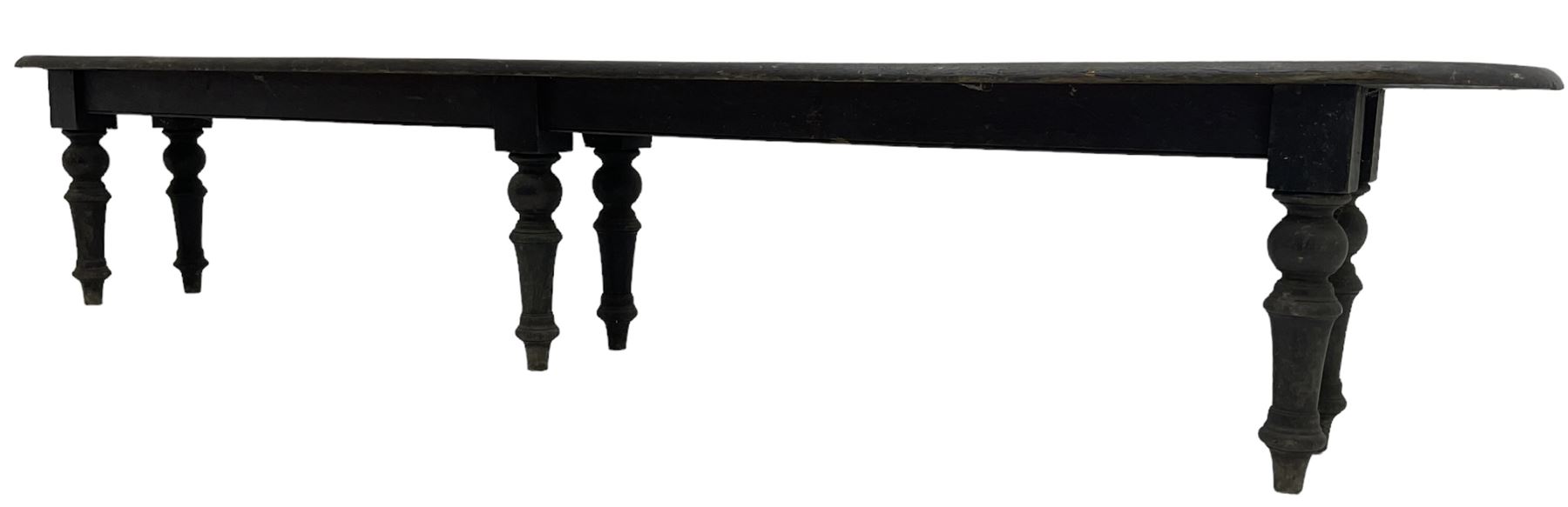 Large 19th century stained oak 9' hall bench, rectangular seat with rounded ends on turned supports