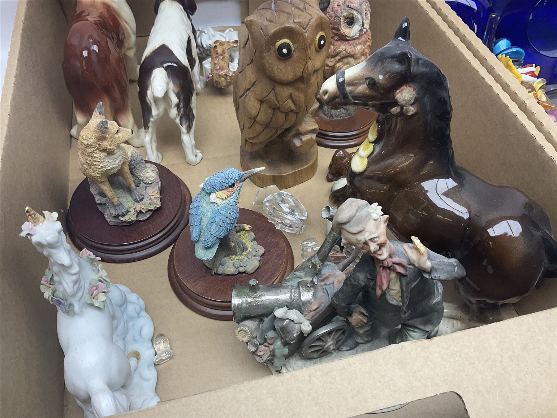 Five Royal Worcester figures including Emma and Felicity, together with similar figures, glass animals, paperweights, Murano glass clown, and a collection of animal figures, etc, in three boxes