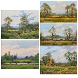 James Wright (British 1935-): 'Birch Farm' 'Ploughing Team' 'Time for Rest' 'South Mill' 'Copley Thorns' Norfolk Landscapes, set of five oils on board signed, titled on labels verso max 17cm x 27cm (5)