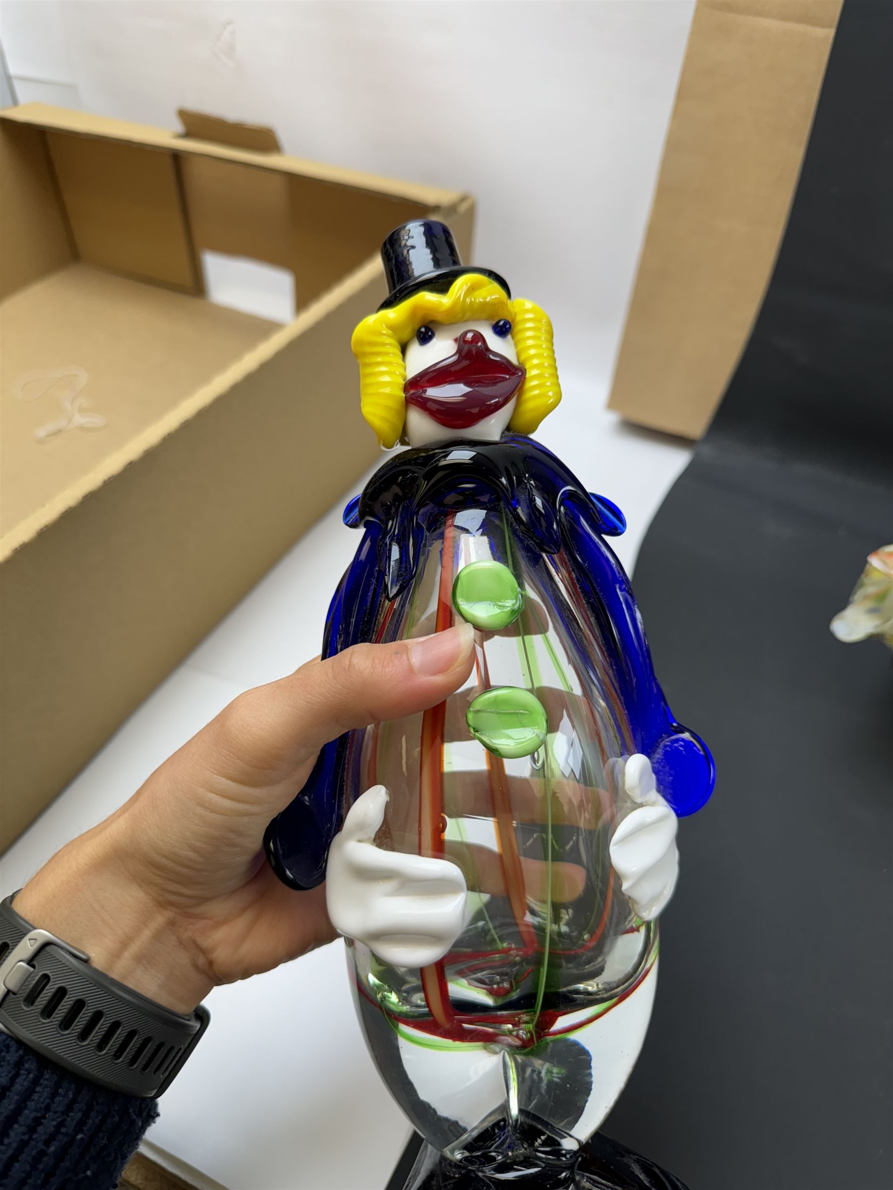 Two Murano glass clowns, together with similar glass figures, including cockerels and fish