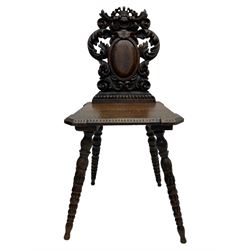 19th century oak hall chair, shaped and pierced back carved with crown cresting over curled and scrolled acanthus leaves, tapered rectangular seat with foliate carved corners and fluted chamfered edge, on turned and lobe carved splayed supports 