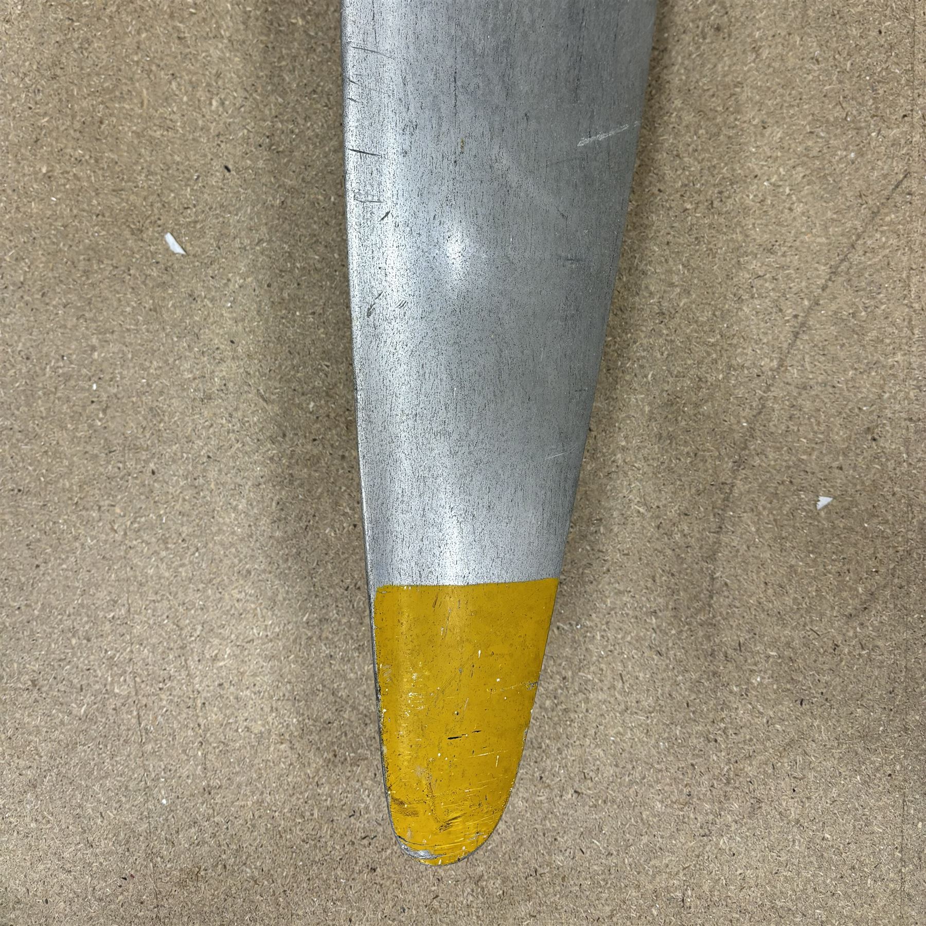 20th century aluminium twin blade aircraft propeller, polished finish with yellow painted tips, central hub with mounting holes, marked FR4322, L200cm