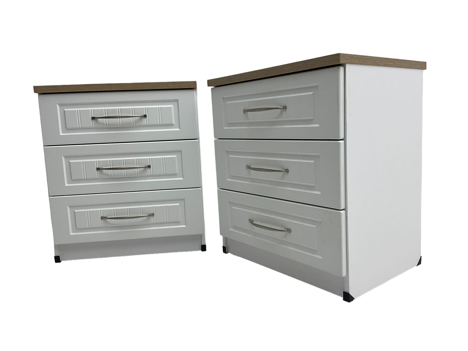 Pair of large oak and white finish three drawer bedside chests