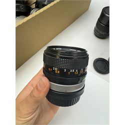 Seventeen Canon camera lenses, mostly FD examples, including 28-85mm 1:4 serial no, 49881, 35-105mm 1:3.5-4.5 serial no. 87632 and 135mm 1:2.8 serial no. 48336, one boxed