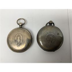 Three Victorian silver lever open face pocket watches including, cream dials with Roman numerals and subsidiary seconds dial, silver cylinder pocket watch and an 8 Jours Hebdomas pocket watch, two silver watch chains and one other chain