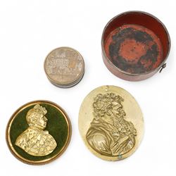 19th century French brass and bois durci circular snuff box decorated with the guards at V...