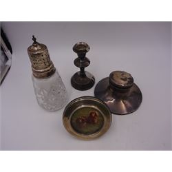 Group of silver mounted items, including cut glass sugar caster, capstan inkwell, circular photograph frame and dwarf candlestick, candlestick H11cm