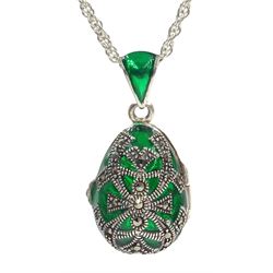 Silver plique-a-jour and marcasite locket pendant necklace