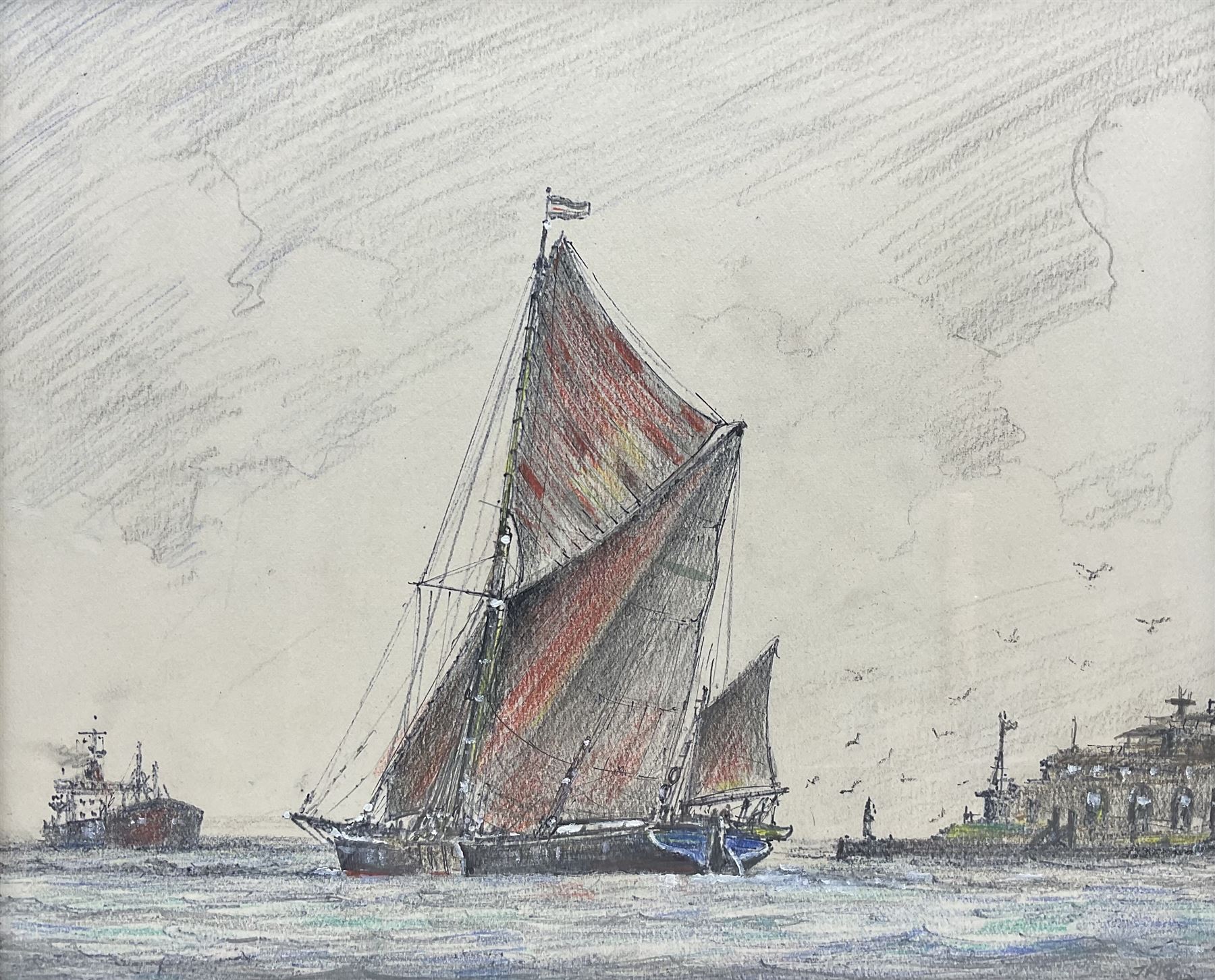 Jack Rigg (British 1927-2023): 'On the Medway', coloured pencil and ink signed, titled and dated 1986 verso 35cm x 42cm