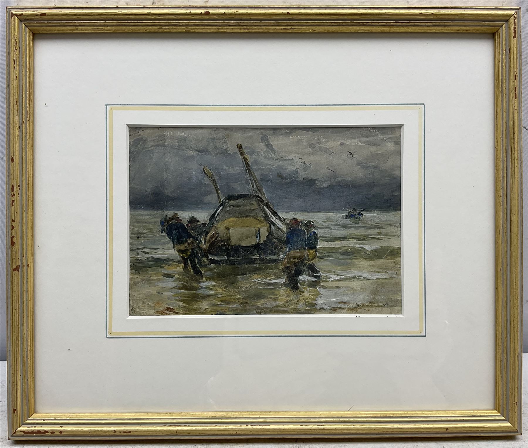 Robert Jobling (Staithes Group 1841-1923): Launching the Coble, watercolour signed 12cm x 18cm