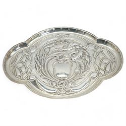 Edwardian Art Nouveau silver dressing table tray of lobed oval design with embossed decoration and cartouche W31cm Birmingham 1907 Maker William Adams Ltd 