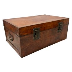 Chinese leather bound and wooden trunk, fitted with metal locks and twin carrying handles, on ebonised stand 