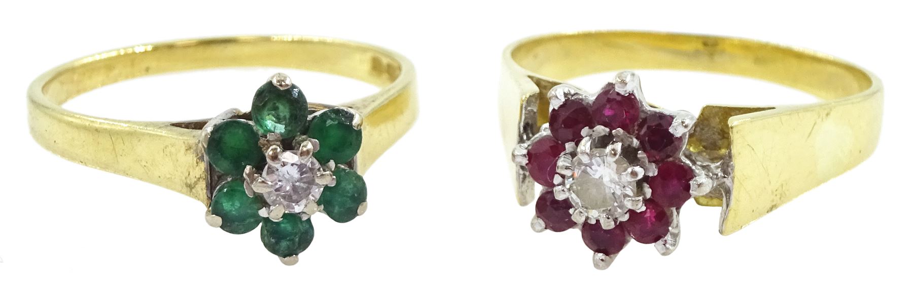 Gold emerald and diamond cluster ring and a gold ruby and diamond cluster ring, both hallmarked 18ct