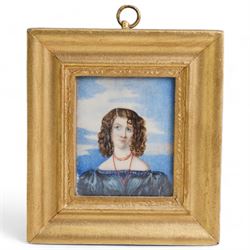 George Felton Buttary (British Early 19th century): Portrait of 'Louisa Taylor Aged 22' wearing a blue gown, miniature watercolour on ivory unsigned, inscribed verso 6.5cm x 5.5cm. This item has been registered for sale under Section 10 of the APHA Ivory Act