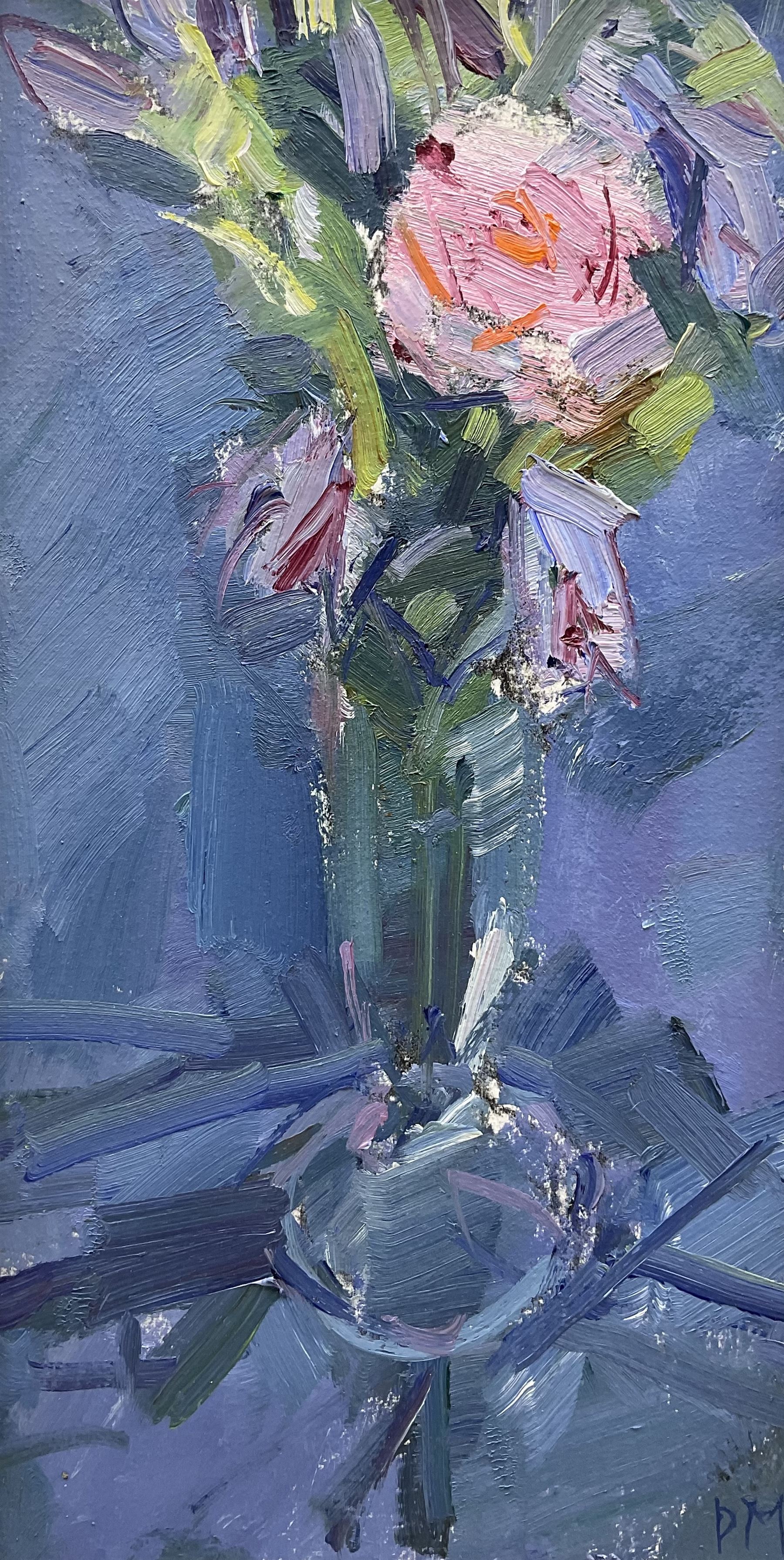 Don McKinlay (British 1929-2017): Still Life of Pink Rose, oil on board signed with initials 36cm x 18cm