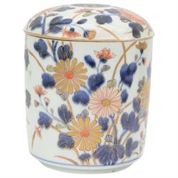 Japanese Edo period, 18th century porcelain jar and cover, decorated in the imari palette with branches of chrysanthemums, H18cm x D13.5cm 