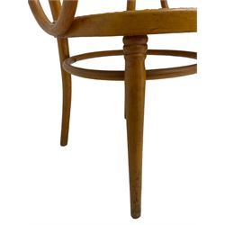 After Michael Thonet - bentwood armchair, circular cane seat and back, scrolled arms