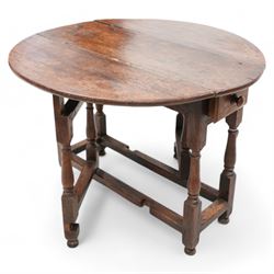 Early 18th century oak table, oval drop-leaf top over single end drawer, gate-leg action b...