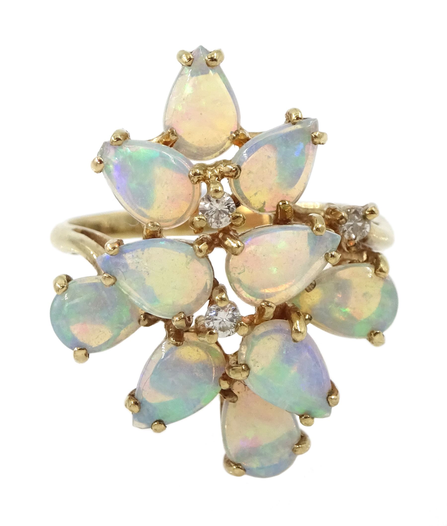 9ct gold opal and diamond stepped design ring, three round brilliant ...