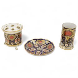 Three Lynton Porcelain Imari pattern ceramics,  comprising trinket dish, vase and demi-lun...