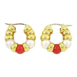 Pair of 18ct gold coral and cultured pink / white pearl hoop earrings, stamped 750