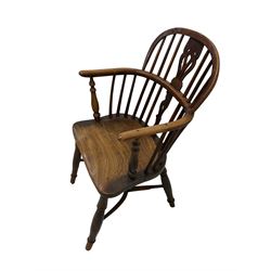 19th century yew wood and elm Windsor chair, low hoop stick back with pierced splat, dished seat raised on ring turned supports joined by crinoline stretcher