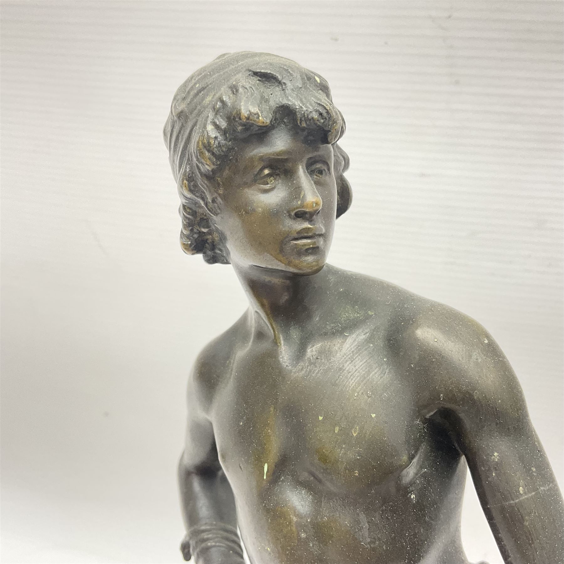 After Auguste Moreau, bronzed figure of David, with plaque inscribed 'Prix de Mr Le Perfet de Police Roques', H35cm 