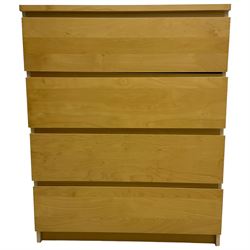 Two Ikea 'MALM' chest of drawers, white stained oak veneer, with four flush front drawers with recessed pulls