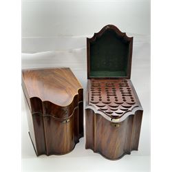 Pair of George III mahogany knife boxes, each of serpentine fronted form with strung detail to the hinged cover and body, opening to reveal a fitted interior, H38cm