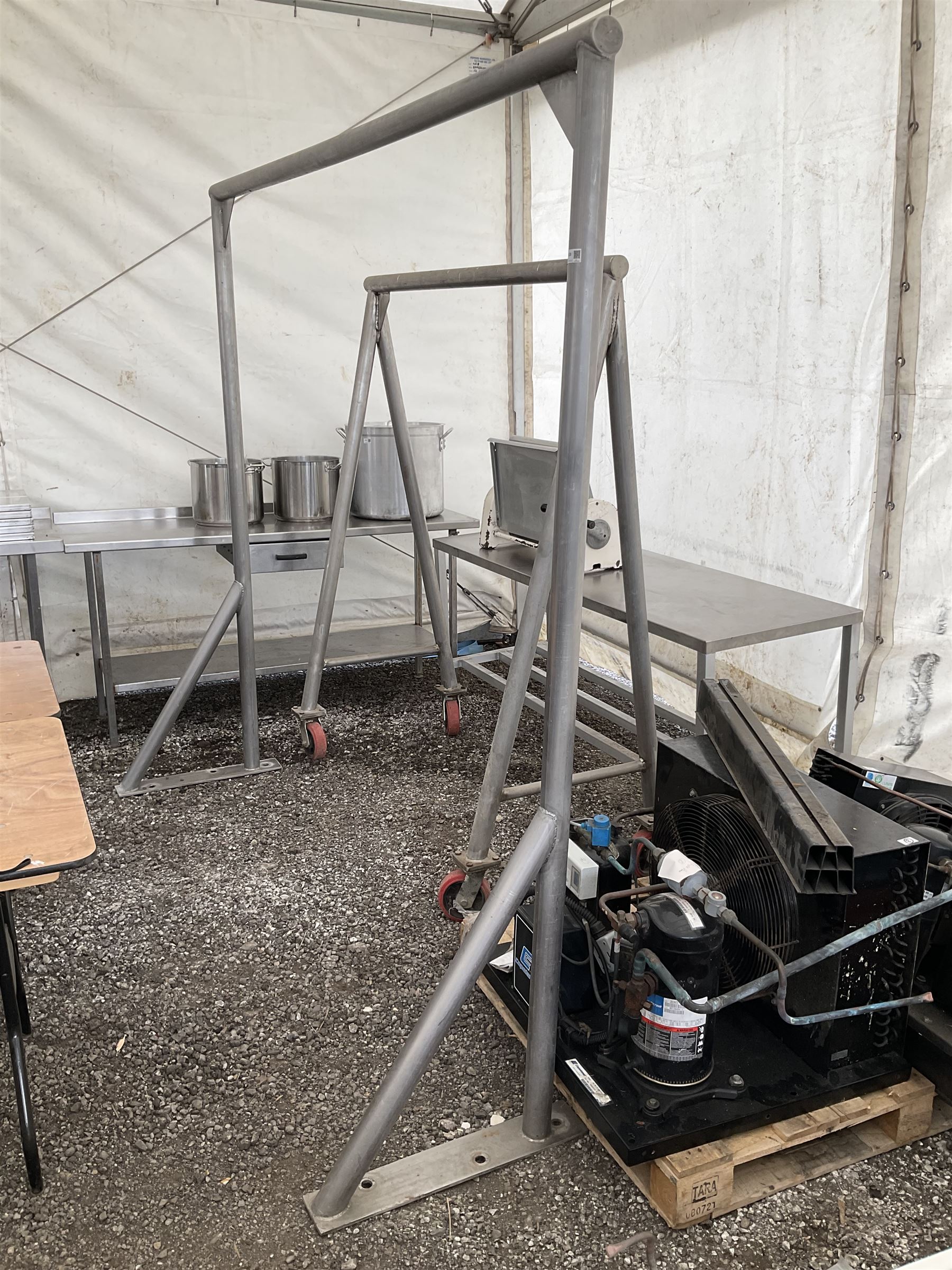 Large stainless steel tubular meat hanging rail (W230cm x H210cm), and a meat rail on castors (W150cm x H186cm) (2) - THIS LOT IS TO BE COLLECTED BY APPOINTMENT FROM DUGGLEBY STORAGE, GREAT HILL, EASTFIELD, SCARBOROUGH, YO11 3TX