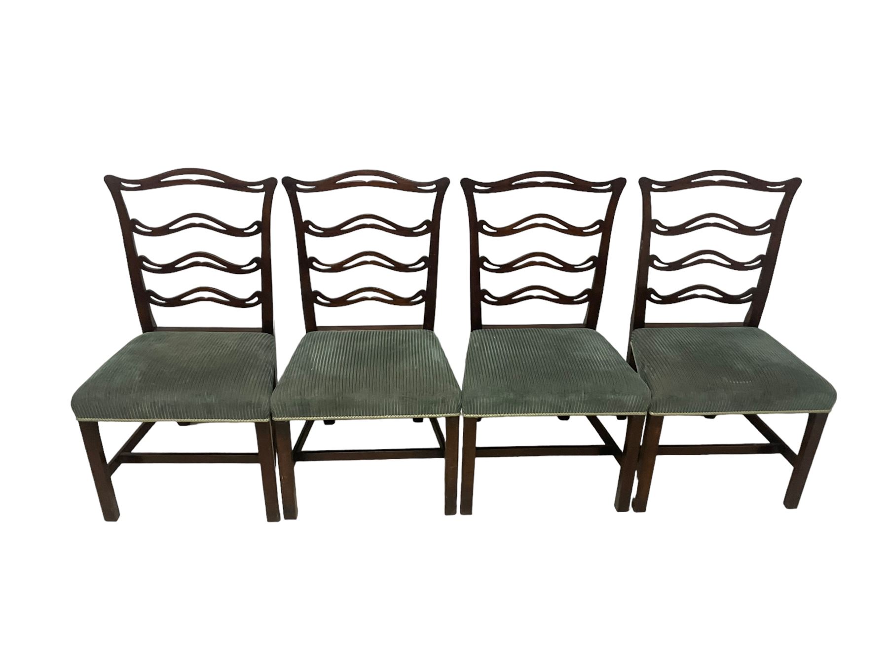 Set of twelve (10+2) Chippendale revival stained beech dining chairs, pierced waived ladder backs with over-stuffed over seats, on square moulded supports joined by stretchers