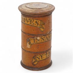 19th century treen three tier spice tower, the tiers labelled Cloves, Cinnamon and Nutmeg, screw down thread compartments, H14cm