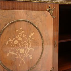 Mid-to-late 20th century mahogany and walnut side cabinet, shaped white and grey variegated marble top, single frieze drawer inlaid with scrolling leafy branches and flower heads, single internal shelf enclosed by two doors inlaid with flowers, decorated with cast gilt metal mounts, on cabriole feet 