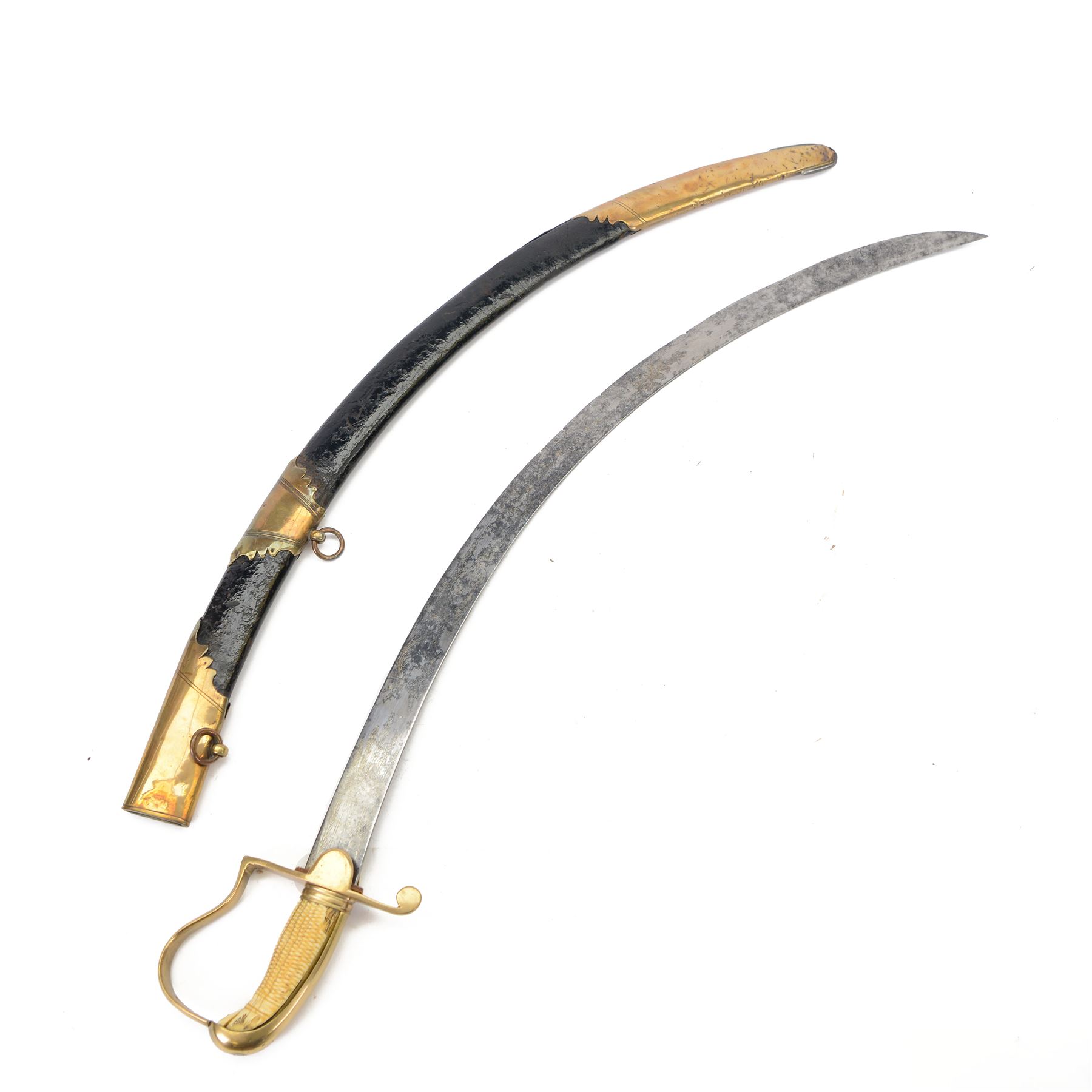 George III  British Grenadier Officer's private purchase scimitar, the 71.5cm curving blade with traces of bluing and gilding, brass hilt with D-shaped langets, one applied with a flaming grenade, knucklebow and chequered ivory grip; in leather covered scabbard with copper or brass mounts and two suspension rings, L86.5cm overall
This item has been registered for sale under Section 10 of the APHA Ivory Act 