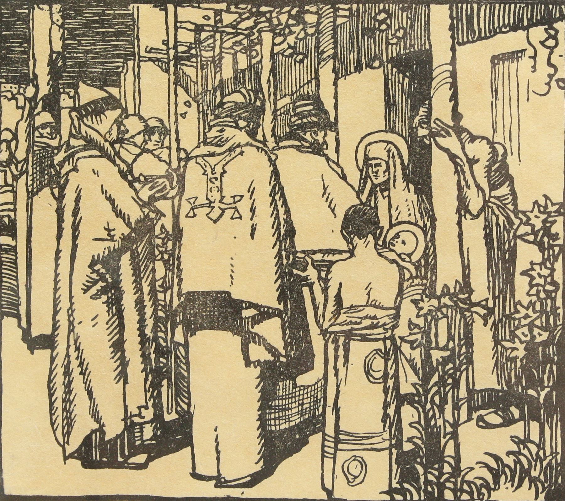 Sir Frank Brangwyn (British 1867-1956): The Christening, monochrome woodcut engraving signed in pencil by the artist and engraver HG Webb 12cm x 13cm