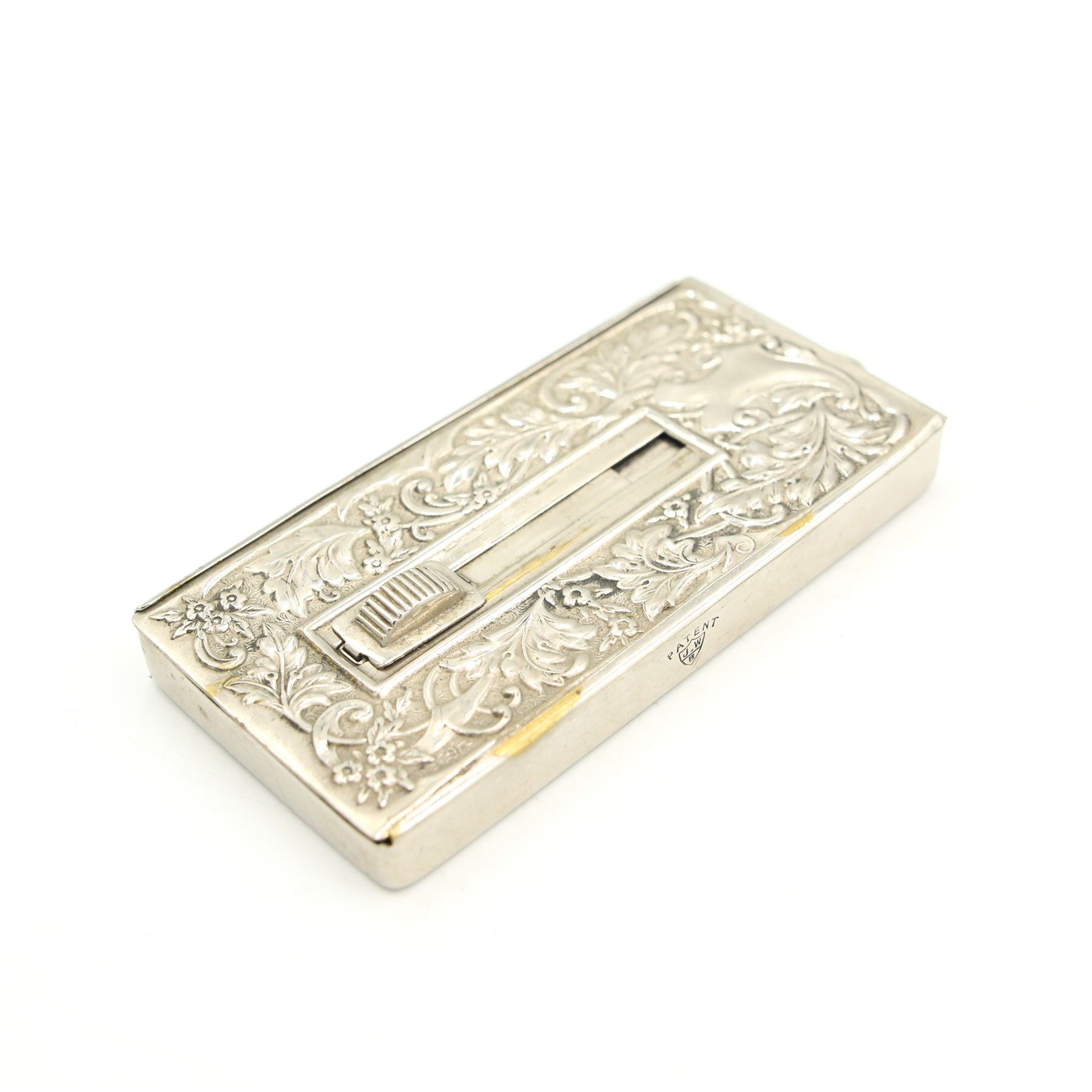 Victorian silver-plated card case, with sliding top, stamped Patent J.W.B, jewelled card case, together with various stamp holders including two leather pouches, silver-plated stamp box on stand, two pierced brass boxes etc 