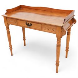 Victorian pitch pine washstand, raised gallery over rectangular top, fitted with single dr...