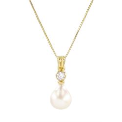 18ct gold round brilliant cut diamond and cultured pink / white pearl pendant necklace, di...