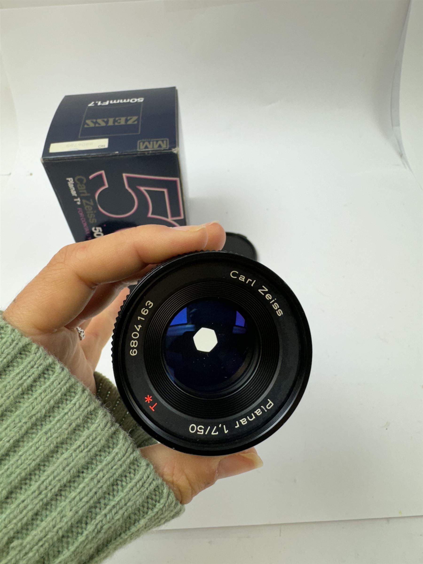 Carl Zeiss Planar 1.7/50 50mm T* lens, serial no. 6804163, for Contax/Yashica mount, boxed with warranty, instructions and two lens caps