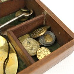 Pair of early 20th century mahogany wall candle holders W17cm, Victorian walnut sewing box W26cm, a smaller box and a set of Victorian chemists travelling balance scales and weights in mahogany box