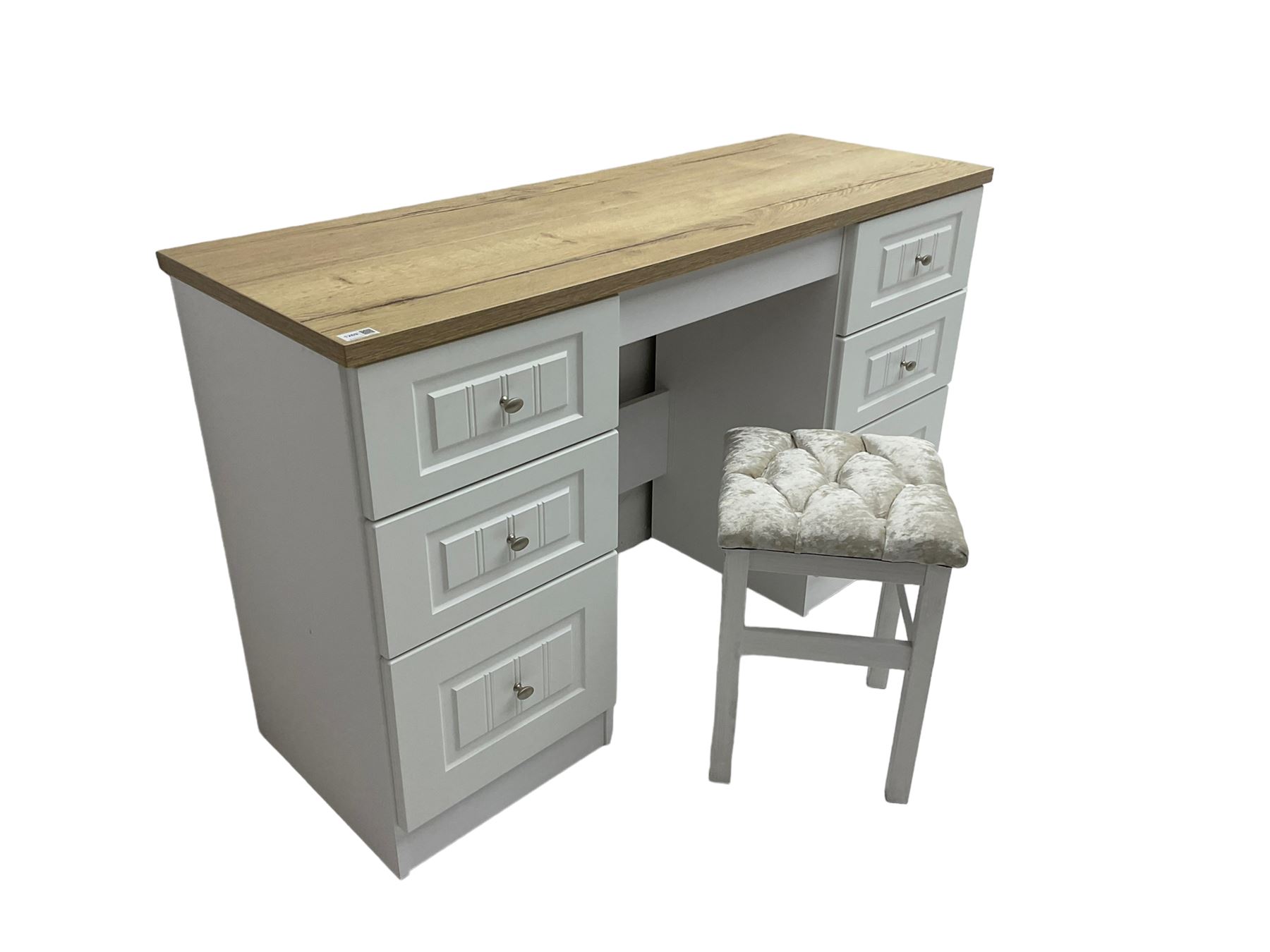 Oak and white finish twin pedestal dressing table or desk, fitted with six drawers and with stool