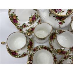 Royal Albert Old Country Roses pattern tea set for six, comprising teapot, milk jug, open sucrier, dessert plates, cups and saucers (21)