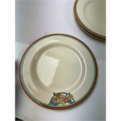 Four Clarice Cliff plates, to include Bizzare Sunshine pattern plate, two Bizarre Honeyglaze pattern plates and a Corolla pattern tea plate, all with printed mark beneath, largest D26cm