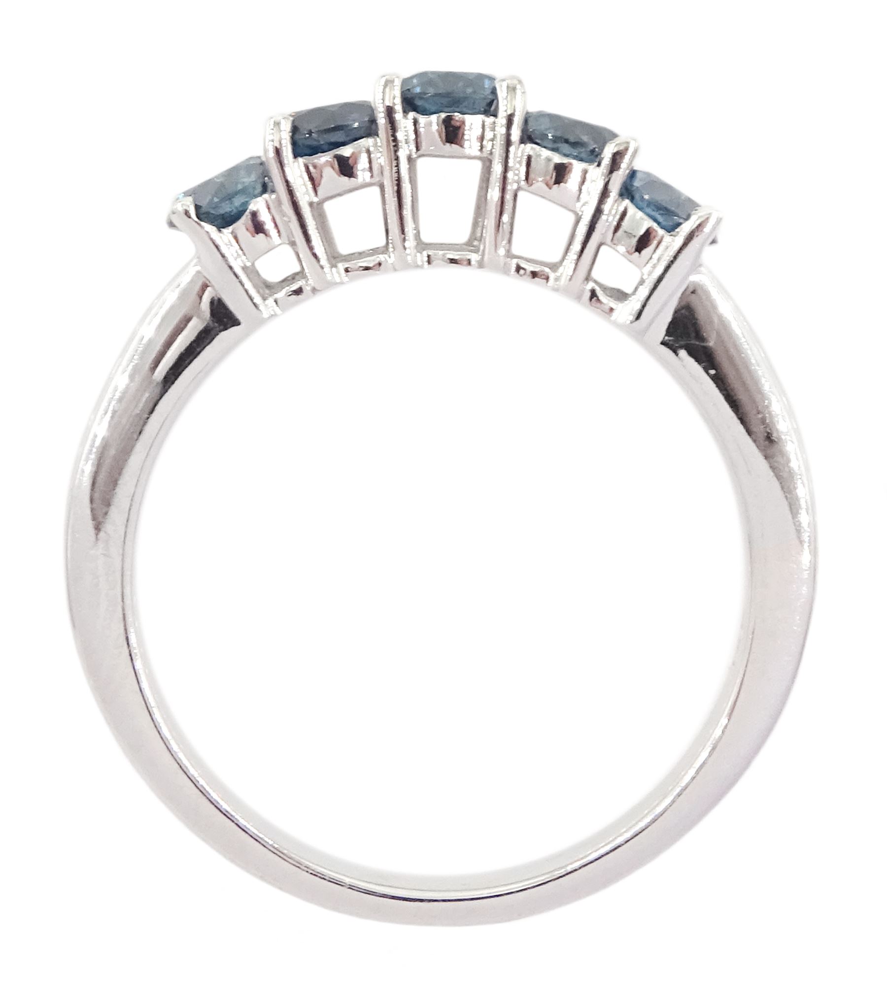 14ct white gold five stone round brilliant cut fancy blue diamond ring, stamped 14K, total diamond weight approx 1.00 carat 