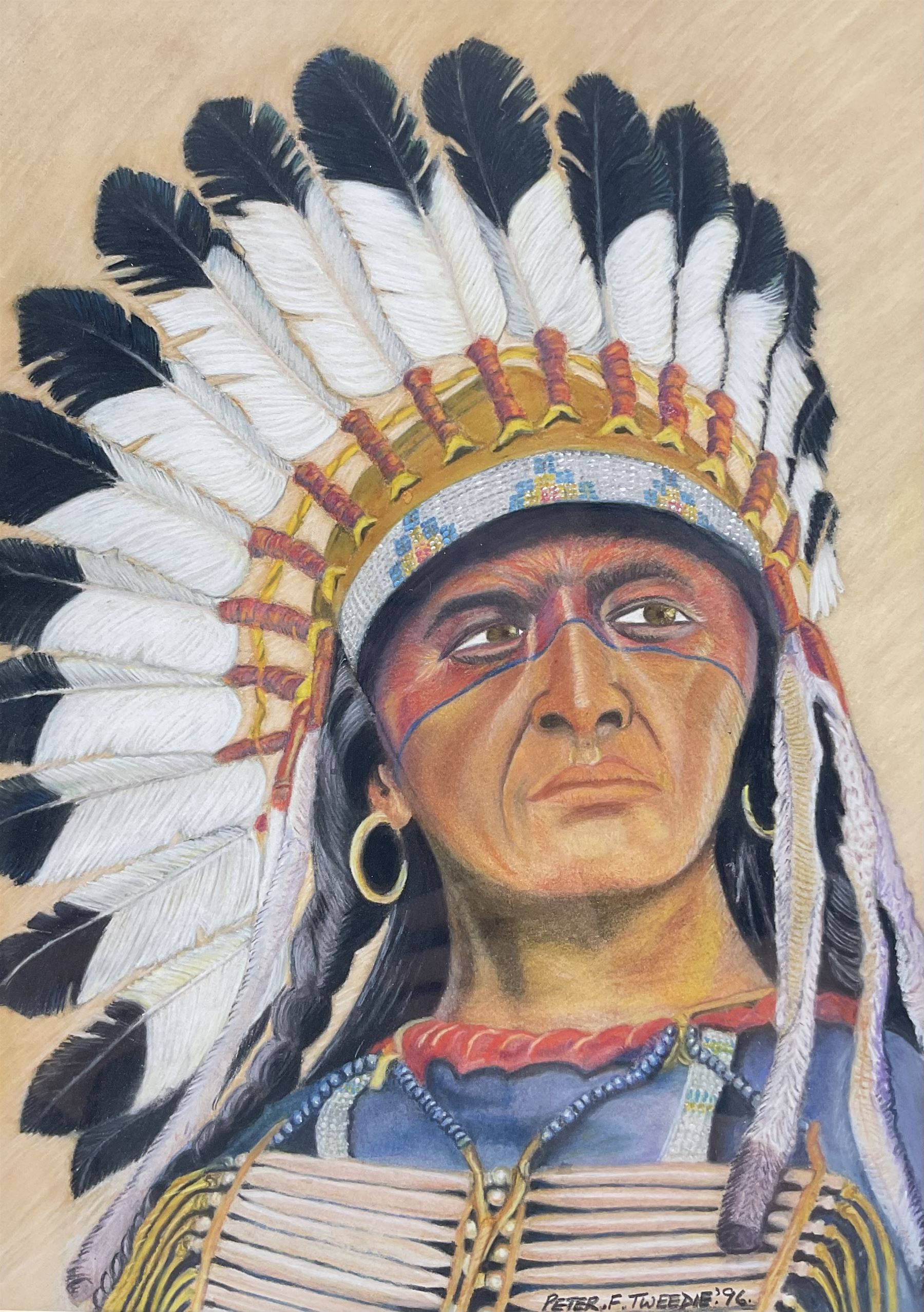 Peter F Tweedie (Britsh Contemporary): 'Touch the Clouds' - Portrait of a Native American, pastel signed and dated '96, titled verso with biographical information 29cm x 20cm