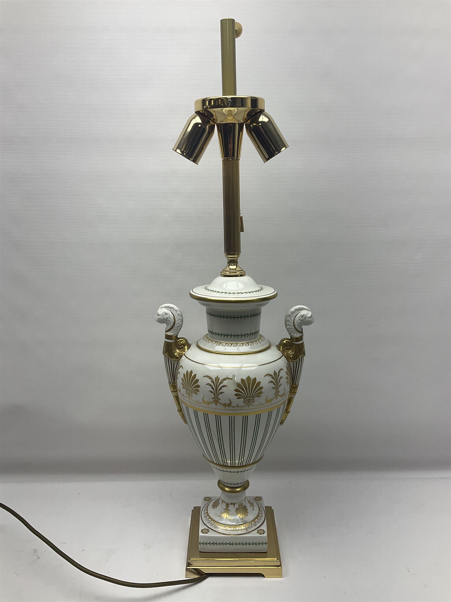 Mangani table lamp, shaped as an urn with twin handles, with gilt decoration upon a stepped base, H80cm